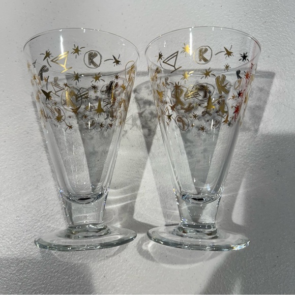 Vintage MCM Kahlua Glasses Gold Atomic, Stars & "K" Logo Design Footed Set of 2 - Picture 3 of 4